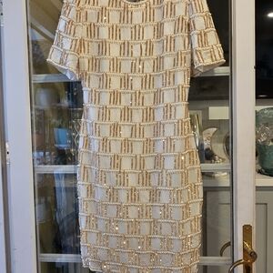 Cream Sequin Grid Mini Dress